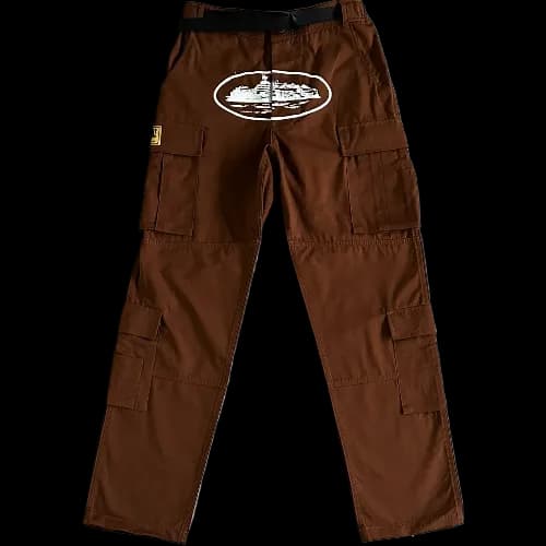 corteiz pants cargo brown - white logo