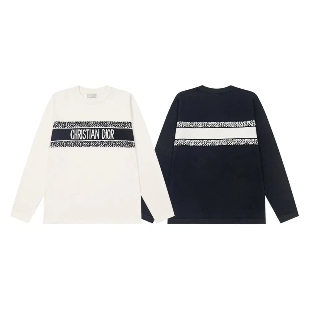 Dior-Style Logo Stripe Long Sleeve Tee