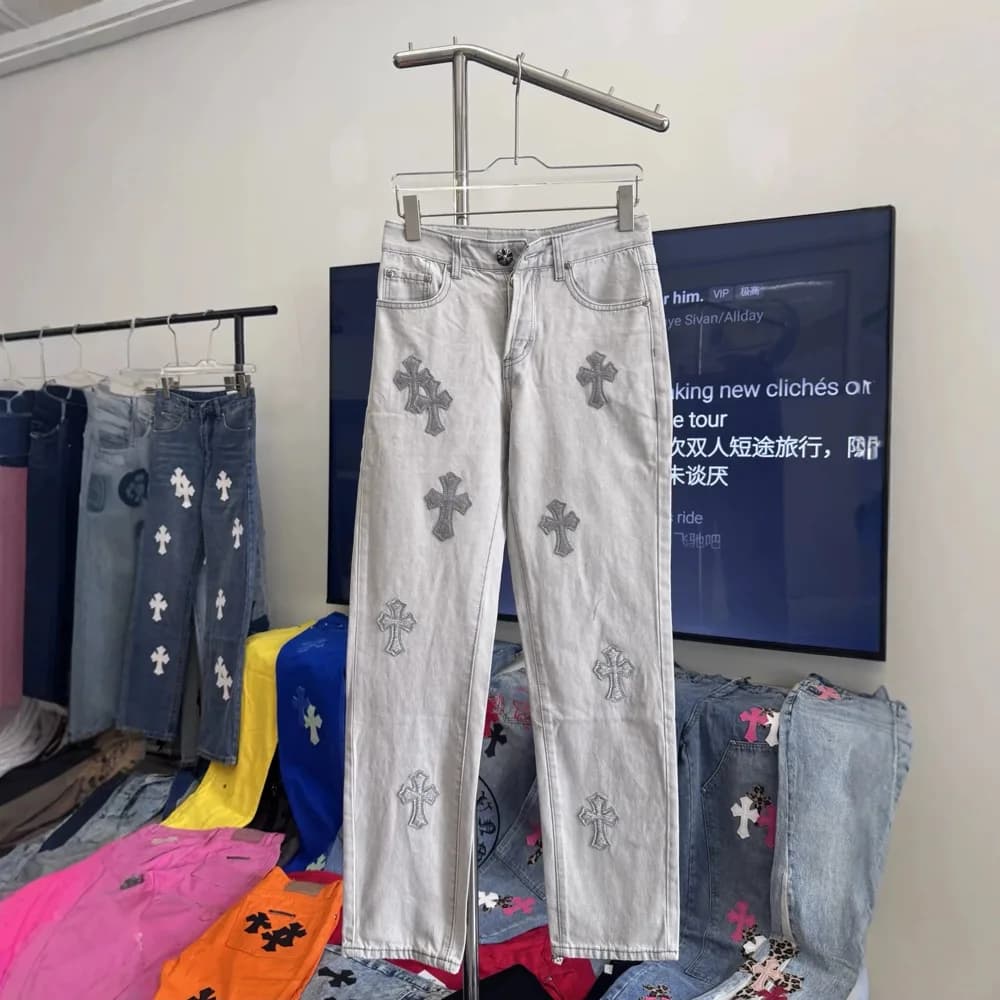 Chrome Hearts-Style Cross Patch Jeans
