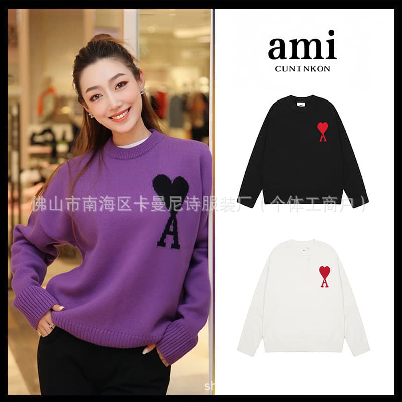 Fashion brand Ami sweater classic round neck big heart jacquard pullover sweater loose lazy feeling casual couple outfit