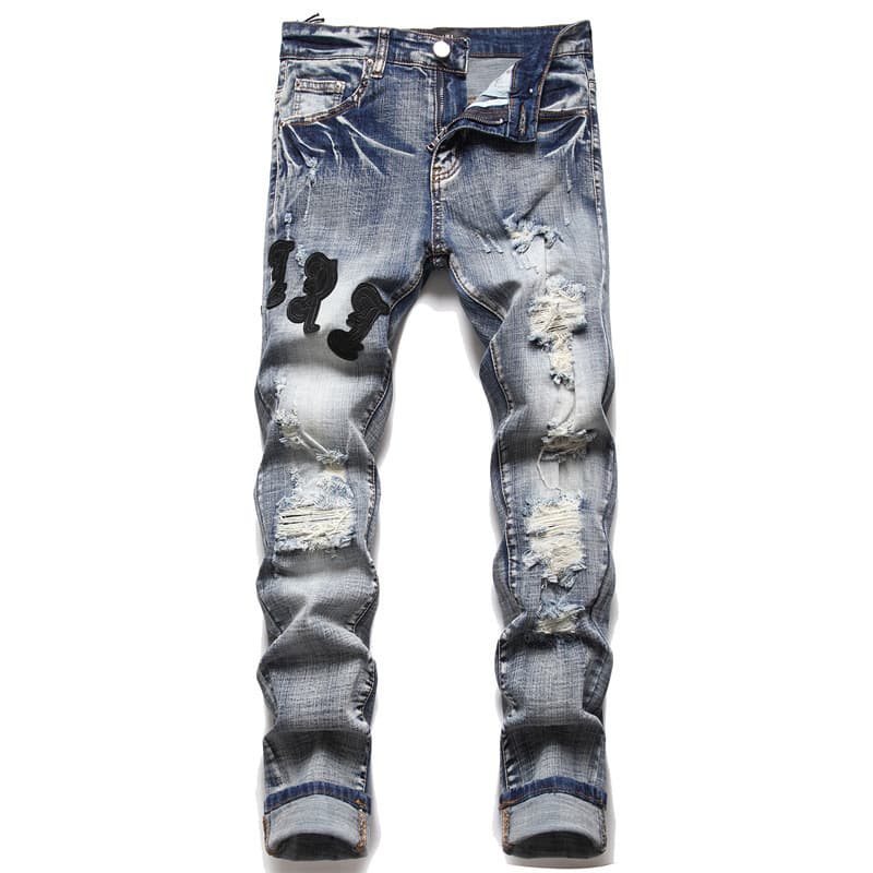 AM foreign trade style punk retro blue hole slim elastic printing dyeing skinny men's jeans - KakoBuy Spreadsheet