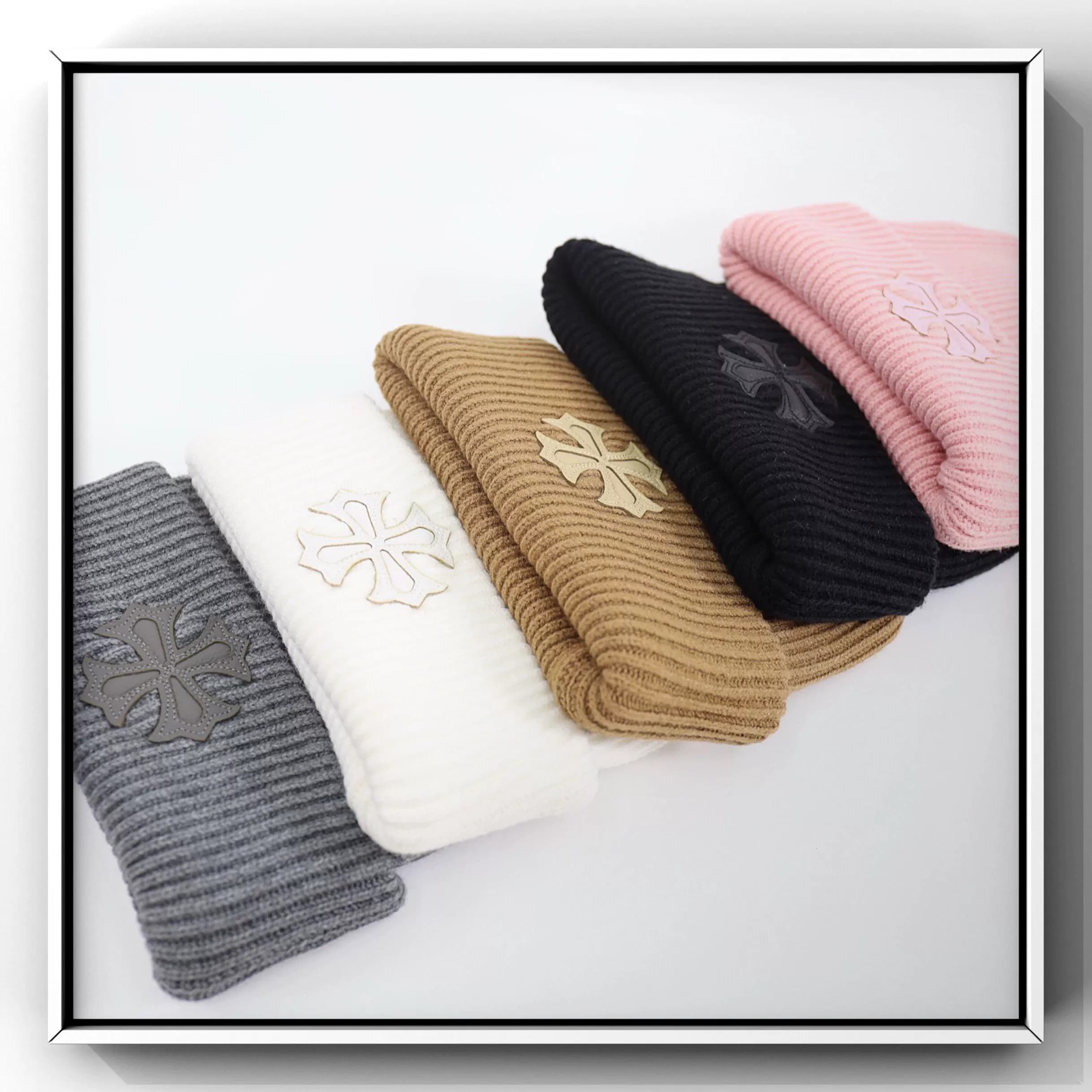 CH leather cross logo hat leather label cross two-fold knitted wool hat beanie melon skin hat