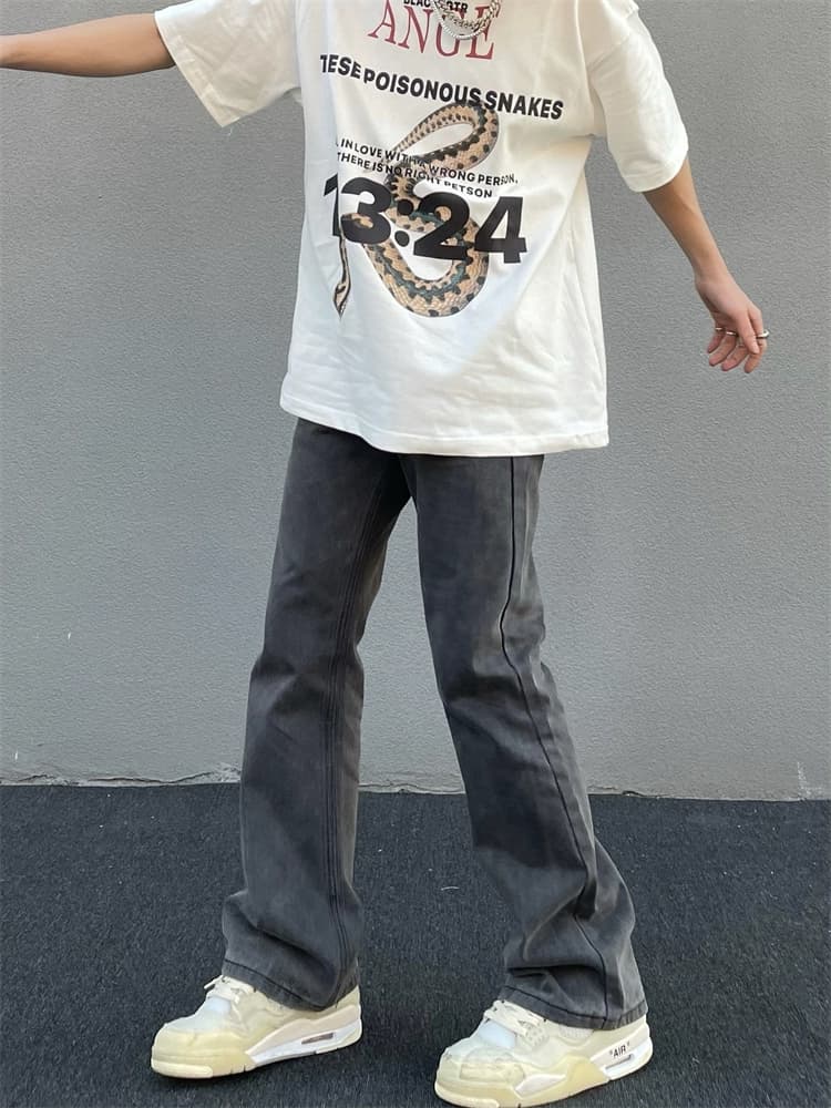 American retro washed gray straight slim jeans men's trend vibe style high street slim flared pants ins