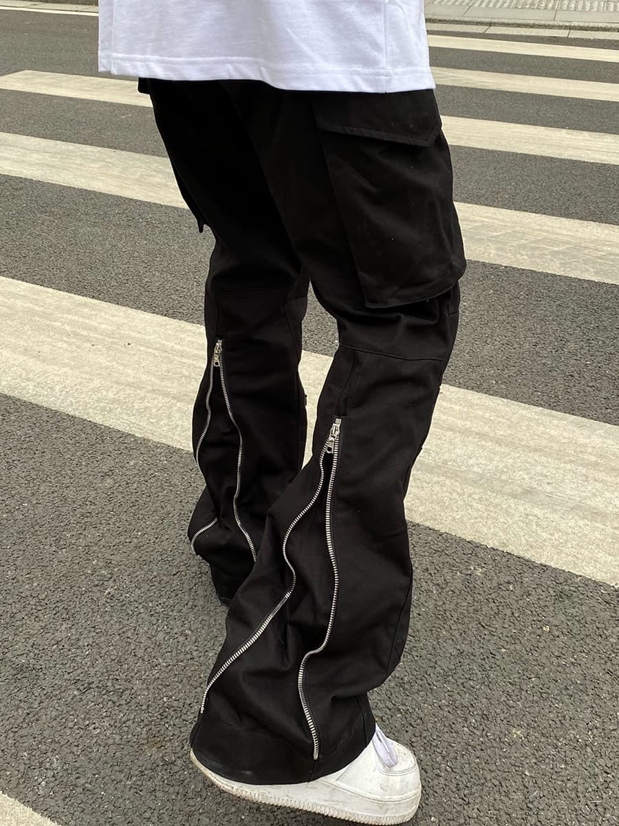 European and American high street vibe style pants black pocket zipper flared pants ins trendy straight overalls men's summer slightly elastic - KakoBuy Spreadsheet