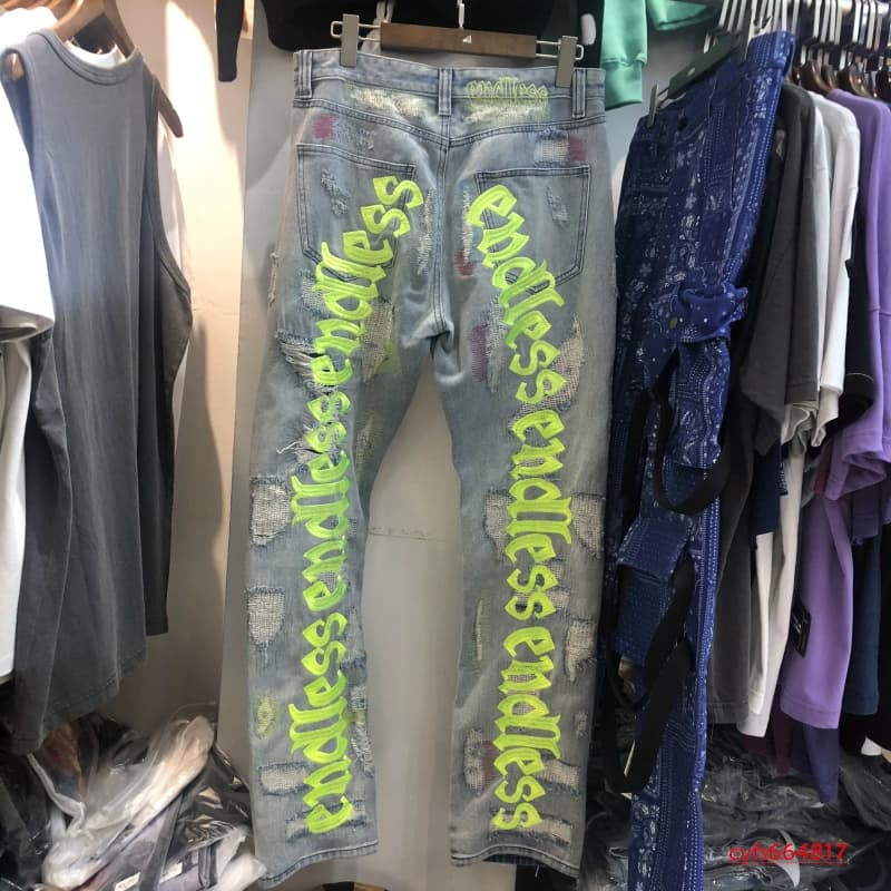 2020 ins trendy high street European and American English embroidery ripped retro jeans trousers men's knife-cut pants - KakoBuy Spreadsheet
