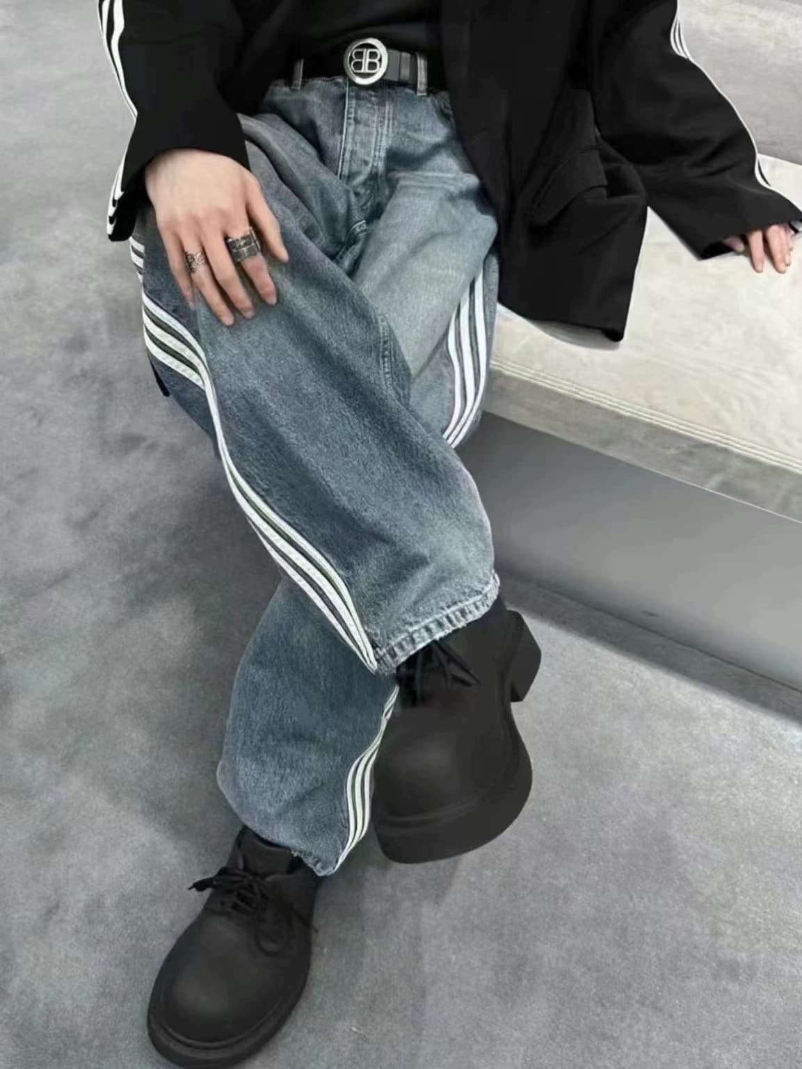 BLCG 23ss new joint AD large baggy three-bar washed show straight-leg jeans - KakoBuy Spreadsheet