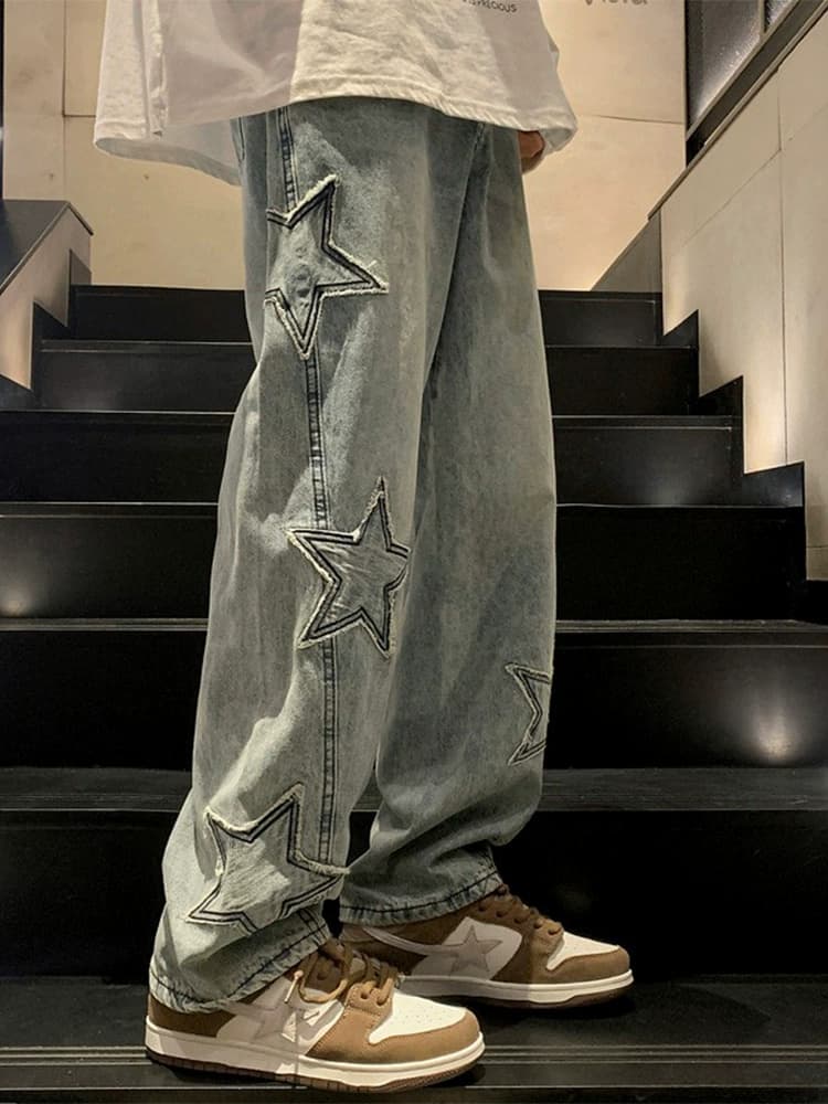 Pentagram jeans men's summer American high street 2024 new trendy straight loose wide-leg trendy pants