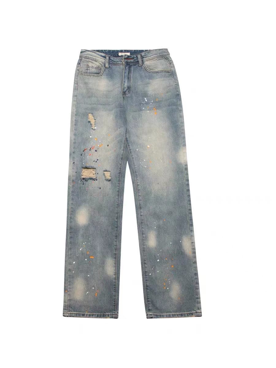American street vibe style splash-ink washed distressed high street ripped jeans ins men and women loose straight trousers - KakoBuy Spreadsheet