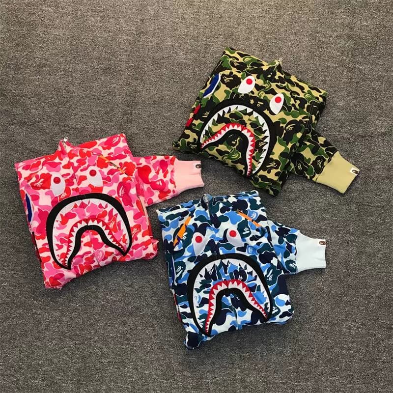 Classic Ape Man Harajuku Shark Head Camouflage Zipper Sweater Loose Cotton Hooded Unisex Couple Cardigan Jacket