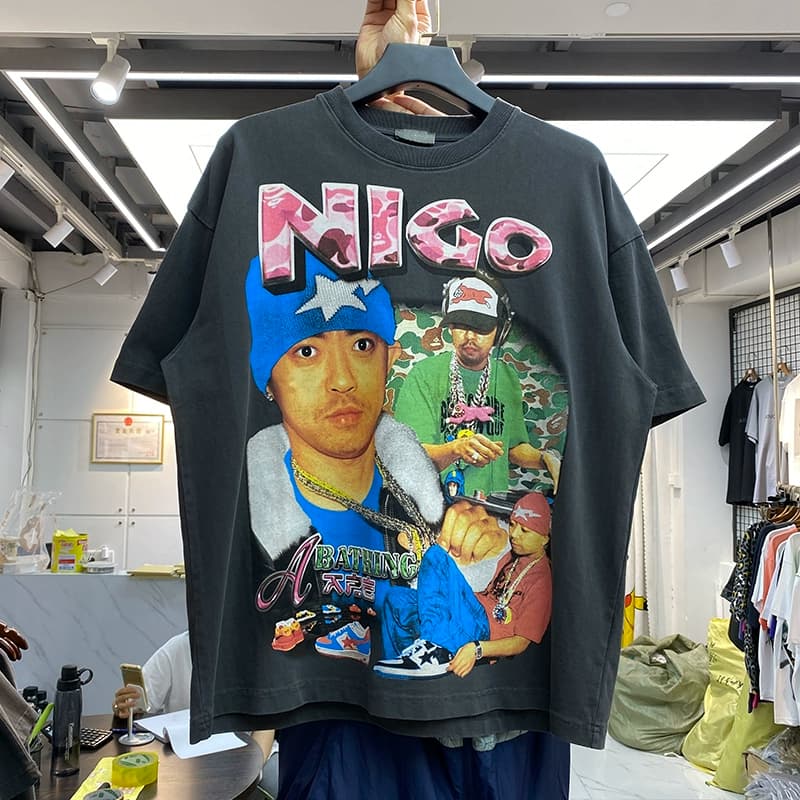 European and American hip-hop rap character printing loose oversize washed old retro short-sleeved men and women couple T-shirt
