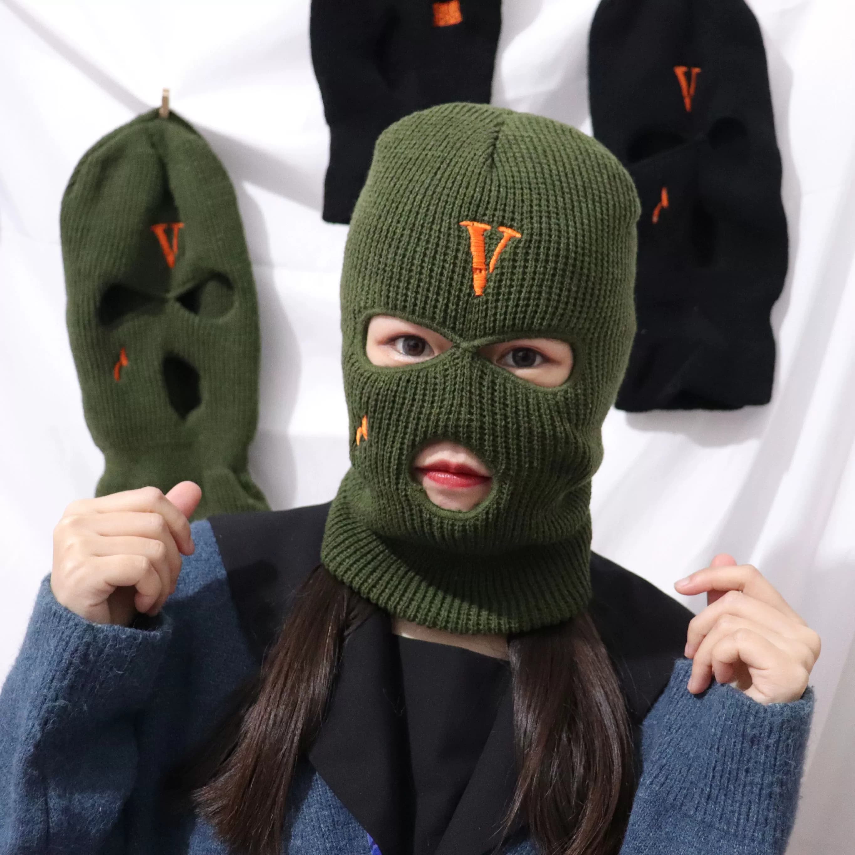 Hip-hop V personality embroidered teardrop three-hole hat winter warm knitted head hat men and women outdoor cycling cold-proof mask - KakoBuy Spreadsheet