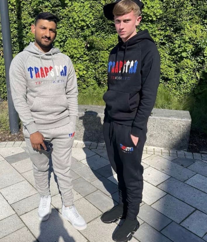 European and American high street niche rap trend brand blue and red towel embroidered hoodie loose casual trousers