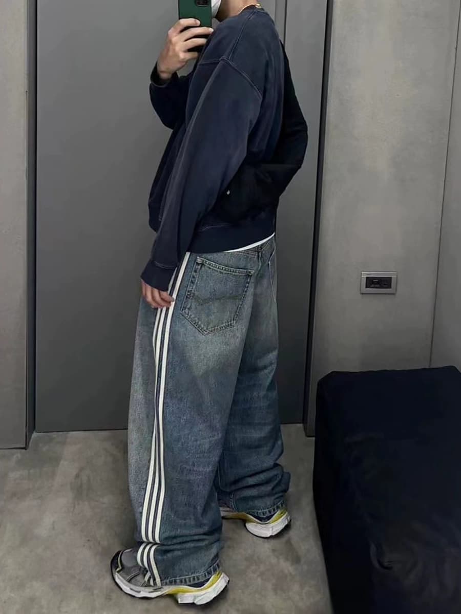 American-style 23ss washed striped wide-leg jeans men's three bars high street fashion brand loose straight all-matching wide-leg pants - KakoBuy Spreadsheet