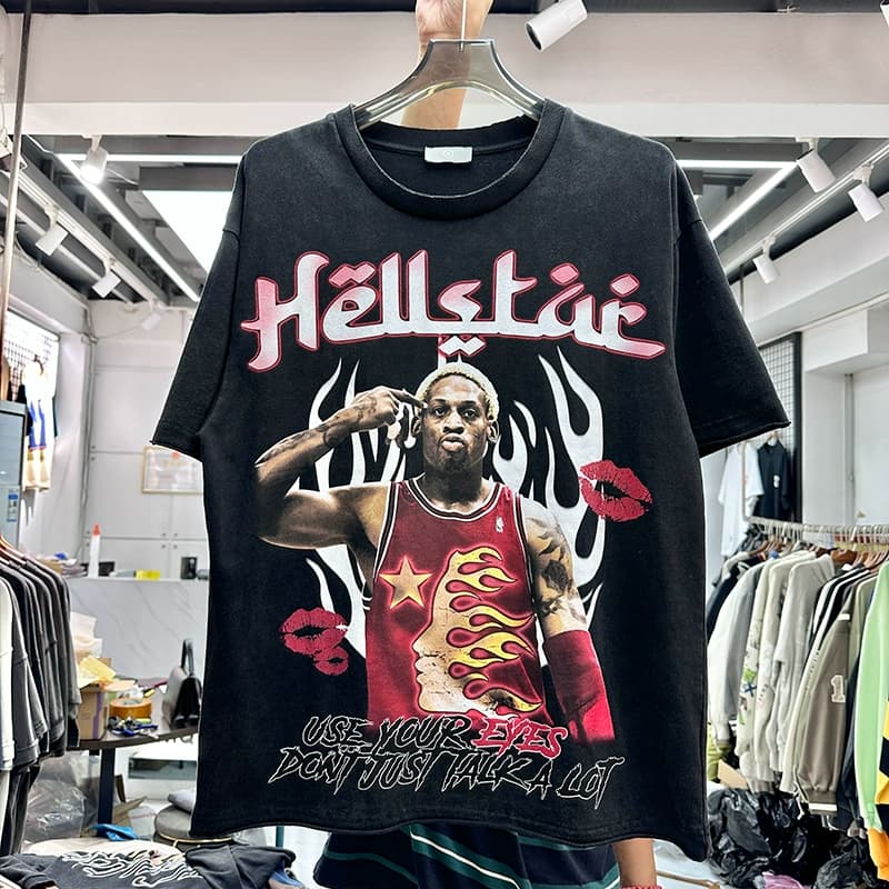 Heavy American Rodman print trendy T-shirt for summer men and women loose hip-hop retro distressed double collar short sleeves - KakoBuy Spreadsheet