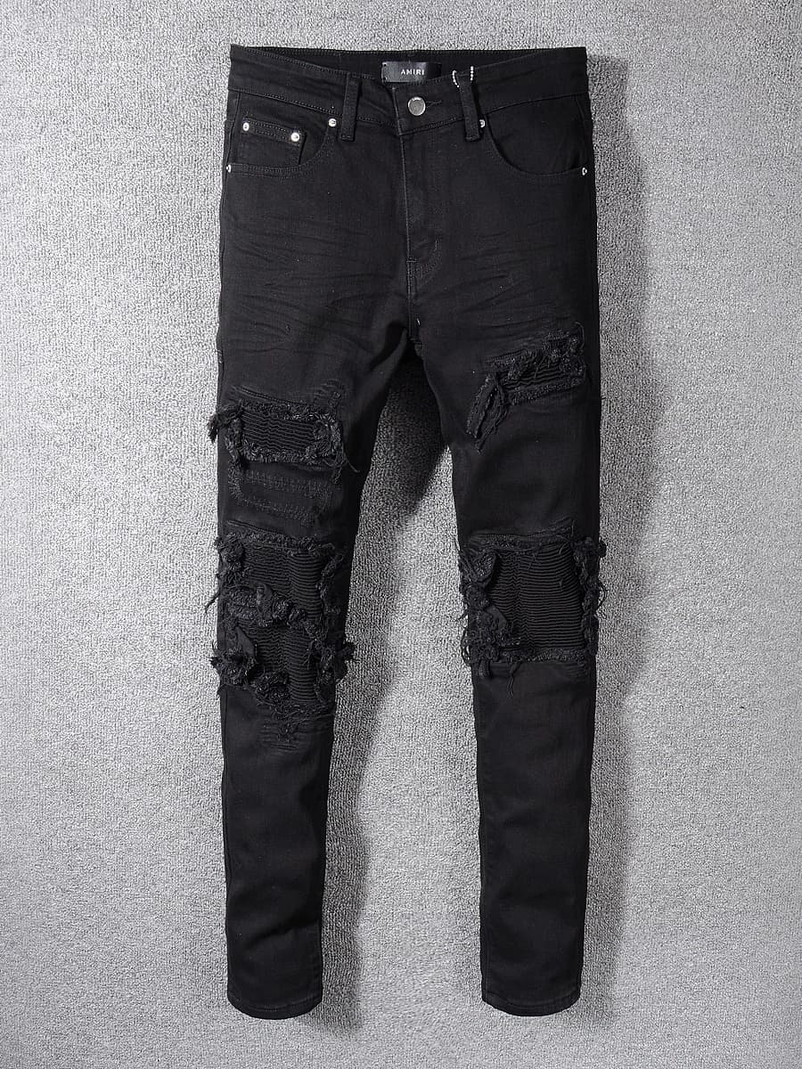 High street fashion brand AMR black jeans men's scratched holes patch beggar pants elastic slim fit skinny pants