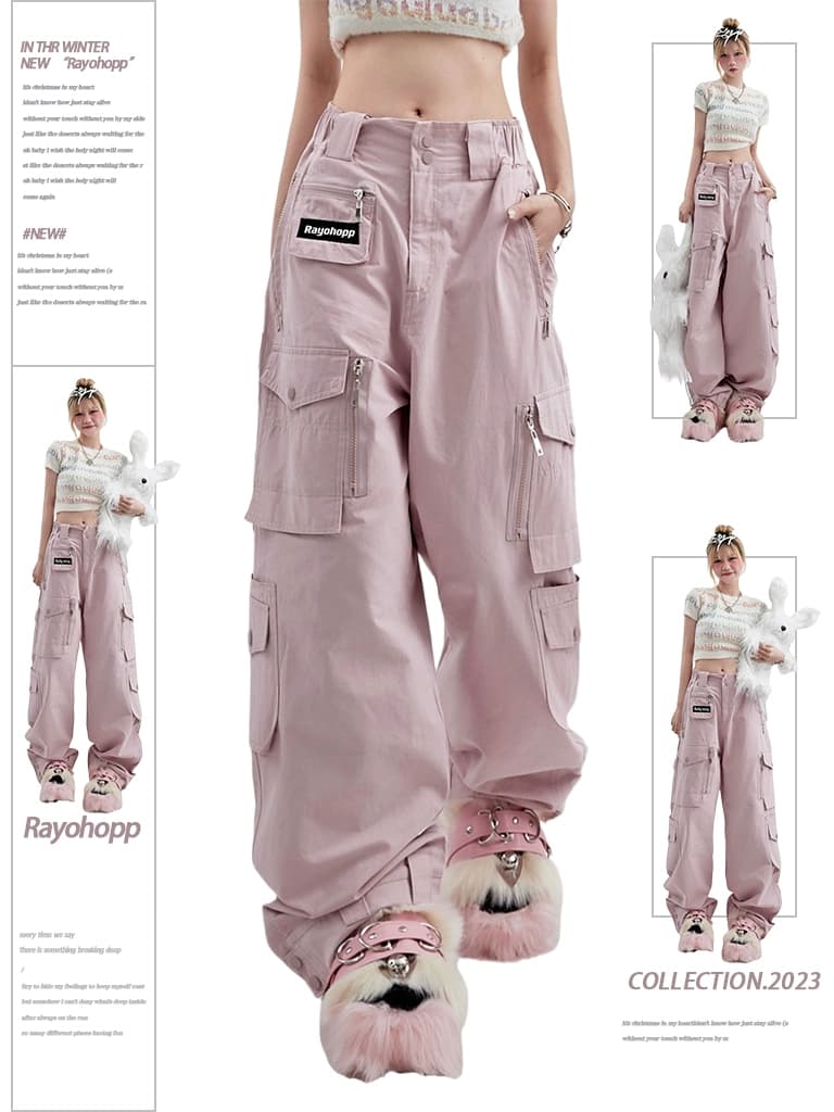 Rayohopp pink overalls women's summer dopamine wear dance trendy brand pocket decoration straight casual pants